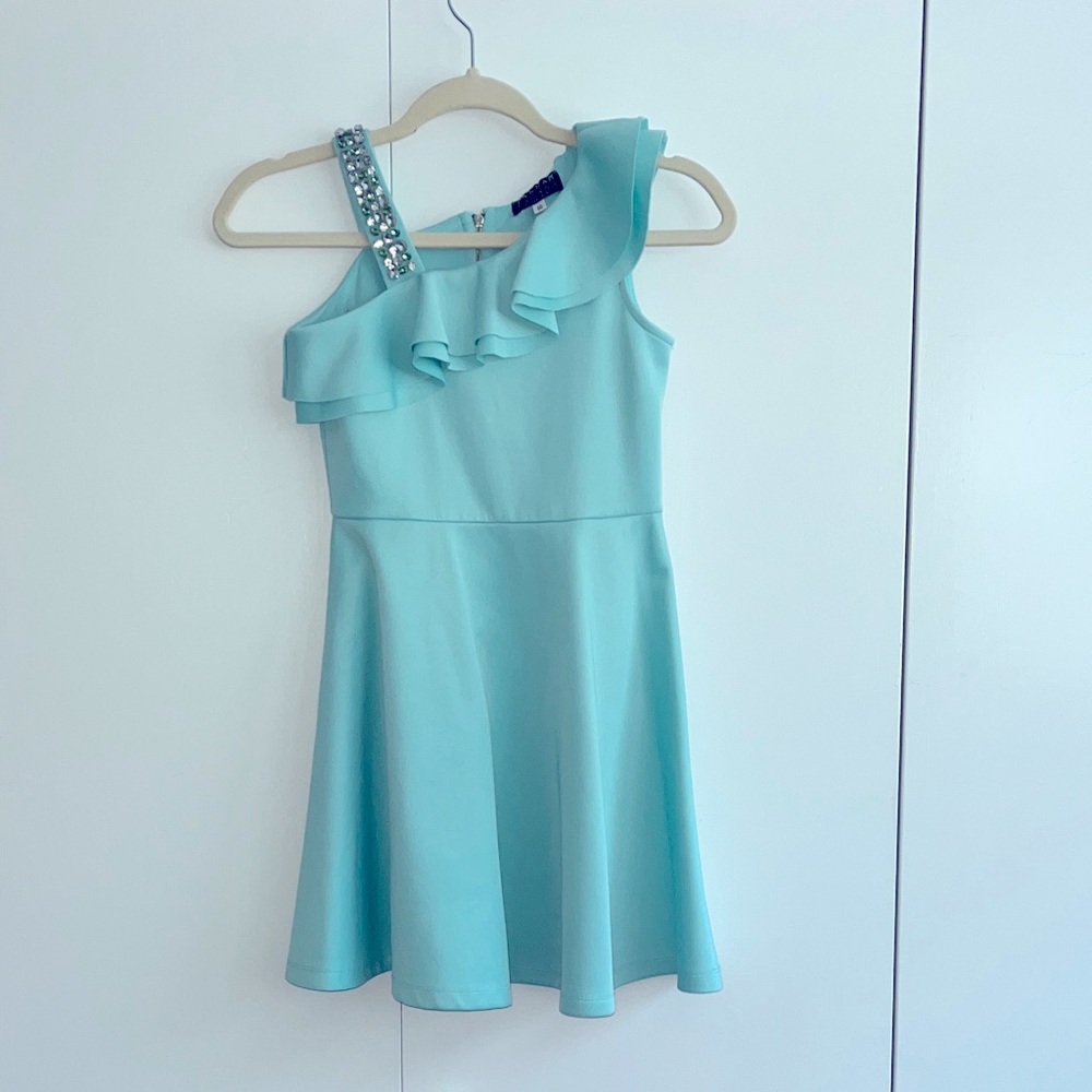 Hannah Banana girls sz 10 dress Aqua Ruffled 1-Shoulder, Rhinestone strap Dress